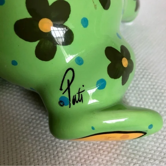 Ganz ceramic green frog piggy bank flowers polka dots EUC hand painted - Picture 9 of 14